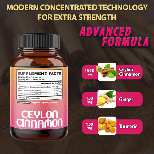 Ceylon Cinnamon Capsules - Combined with Ginger Root and Turmeric Curcumin Supplement - 120 Vegan Capsules...