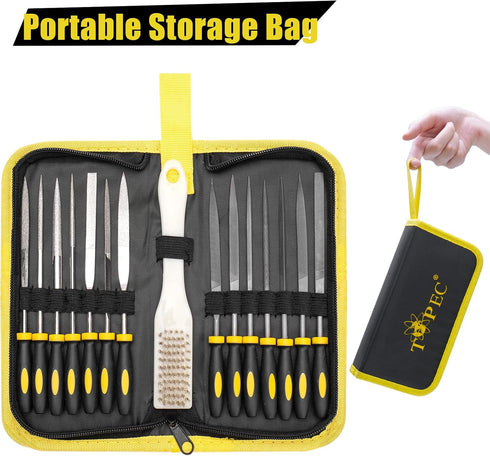 Topec Small File Set, Needle Diamond Files 15PCS, 7pcs Jewlers Files & 7pcs Steel Files with Metal Brush and Storage Bag?for Precision Metal File ...