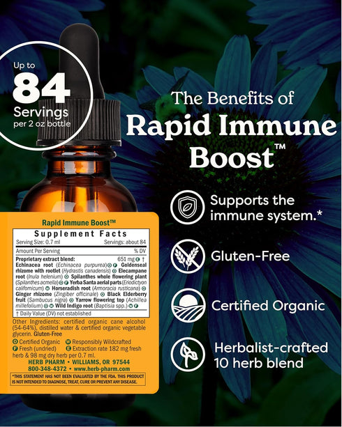 Herb Pharm Organic Rapid Immune Boost: Fast-Absorbing Tincture for Adults, Echinacea Tincture with Goldenseal, Ginger Extract & Elderberry, Immune...