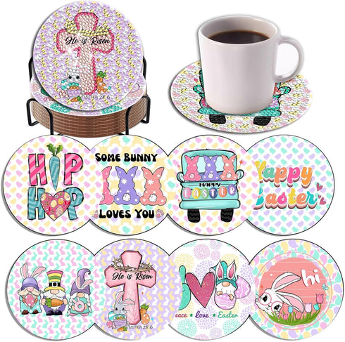 8 Piece Easter Diamond Coaster Kit Holder DIY Easter Diamond Art Coaster Coaster Diamond Kit for Adults Spring Easter GIF Supplies...