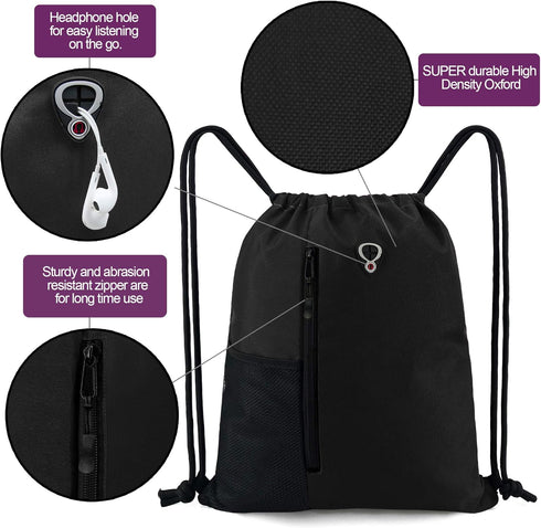 BeeGreen Black Drawstring Backpack Gym Bag For Men Women String Sports Backpack With Water Bottle Mesh Pockets And 2 Zippered Pocket Large Cinch S...