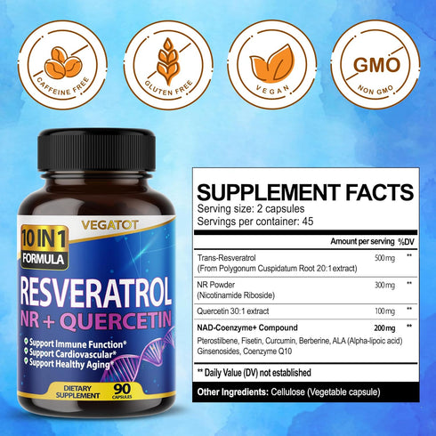VEGATOT 10 in 1 High Strength Resveratrol 11,500MG with Quercetin Healthy Aging Immune Brain Boost Joint Support (90 Count (Pack of 1))...