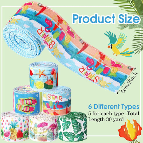 Tigeen 6 Rolls 30 Yards Summer Ribbon Flamingo Wired Ribbon Hawaii Tropical Beach Flip Flops Burlap Ribbons for Summer Wreath Bows Crafts Making, ...