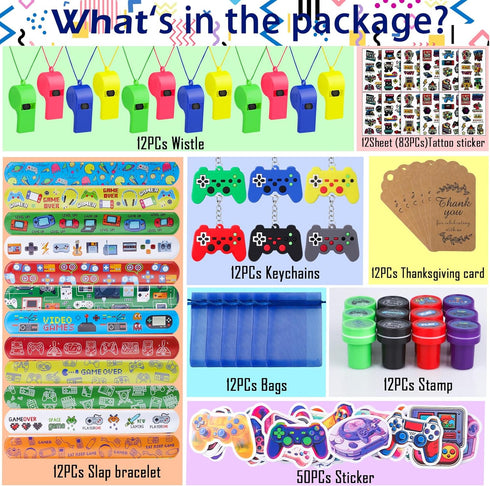 134 Pcs Video Game Party Favors, Includes Video Game Slap Bracelet Keychain Stamper Whistle Mesh Bag Card Stickers Tattoos for Kids Gaming Party F...