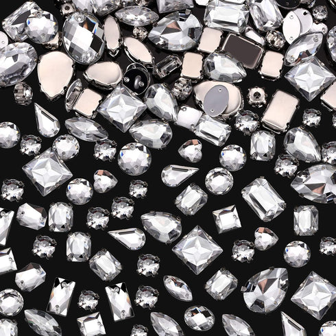 320 Pieces Sew on Rhinestone Sew Crystals Acrylic Gems Sewing Claw Rhinestone Flatback Gemstones with Hole Silver Prong in Mix Shape Mixed Size fo...