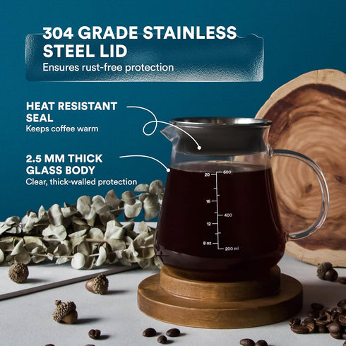 Glass Range Coffee Server For Pour Over Coffee & Tea - 600ml/20oz Ovalware Microwave Safe & Heatproof 2.5mm Thick Glass Body...