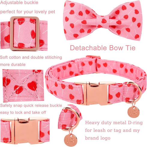 Valentine’s Day Dog Collar with Bow Tie, Valentine Bowtie Collar Puppy Girl Dog or Cat, Valentine’s Day & Wedding Gift Pet Collar, Cotton Pink Col...