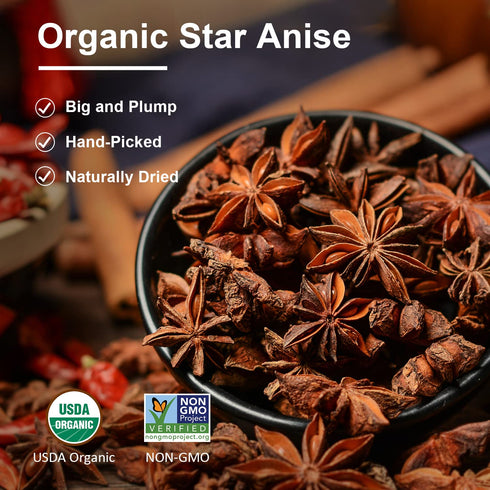 Soeos Organic Star Anise, Whole Star Anise 4 oz (114g), Chinese Star Anise Pods, Star Anise Organic Whole, Non-GMO Verified, Dried Star Anise for ...