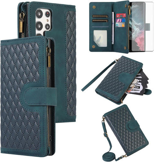 Asuwish Phone Case for Samsung Galaxy S23 Ultra 5G Wallet Cover with Tempered Glass Screen Protector and Wrist Strap Flip Zipper Credit Card Holde...