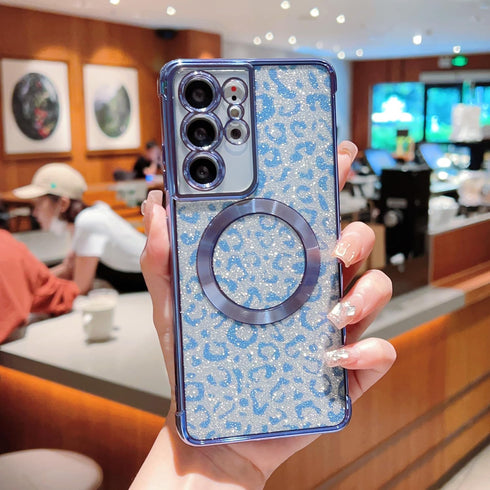 for Samsung Galaxy S21 Ultra Case Compatible with MagSafe Cute Leopard Glitter Magnetic Phone Case Luxury Plating Clear Camera Cover Shockproof So...