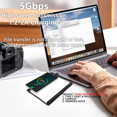 SinLoon U Shape USB Type C Spring Cable 5Gbps Retractable 90 Degree USB3.0 to USB C Charging Cable and Data Transfer for Phone, Tablet, Other USB ...
