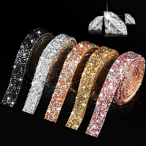 Xinnun 5 Rolls Crystal Shiny Rhinestone Ribbon Self-Adhesive Rhinestone Strips Ribbon Resin Diamond Bling for Art Craft DIY Party(Basic Style,Mixe...
