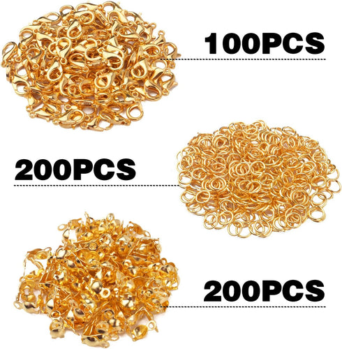 500pcs Jewelry Making Accessories Kit, 200pcs Knot Covers Clamshell Fold-Over Bead Tips 100pcs Lobster Claw Clasps and 200pcs Open Jump Rings Conn...