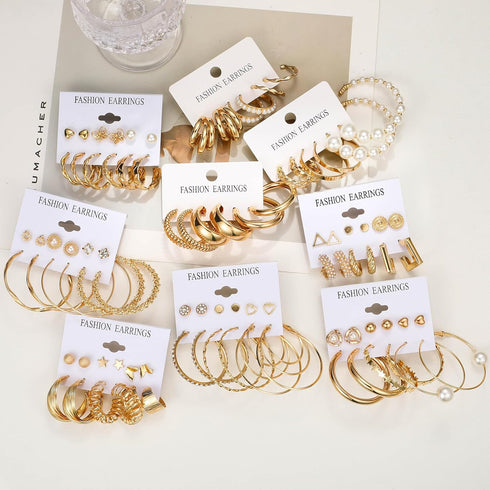 FAXHION 36 Pairs Gold Hoop Earrings Set for Women, Fashion Chunky Gold Hoop Earrings Multipack, Hypoallergenic Pearl Chain Twisted Statement Earri...