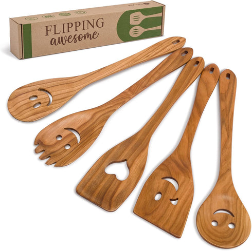 MFC 5-Piece Wooden Cooking Spoons - Kitchen Spatula Set from Natural Cherry Wood - Wooden Spoons for Cooking - Funny Utensil Set with Smiley Faces...