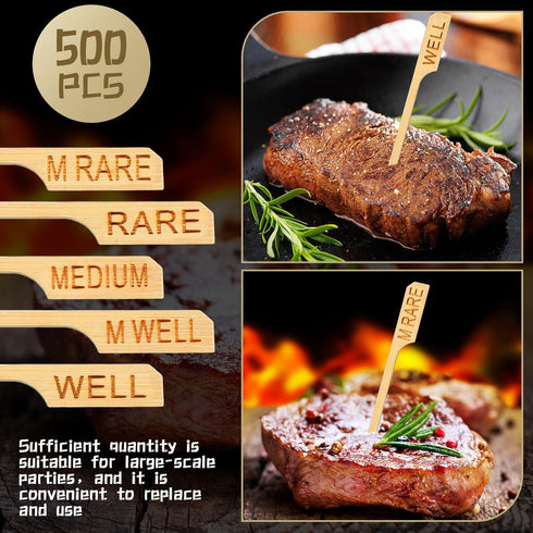 Soaoo 500 Pcs 3.5" Assorted Bamboo Wood Steak Markers Steak Temperature Sticks Meat Doneness Picks Bamboo Paddle Skewers Sticks for BBQ Barbecue P...