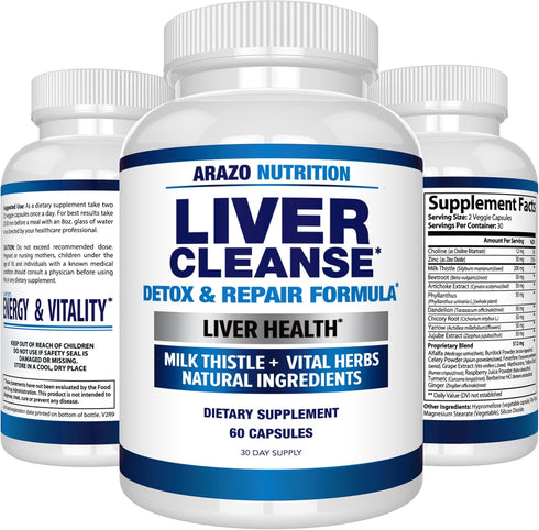 Arazo Nutrition Liver Cleanse Detox & Repair Formula – Milk Thistle Herbal Support Supplement: Silymarin, Beet, Artichoke, Dandelion, Chicory Root...