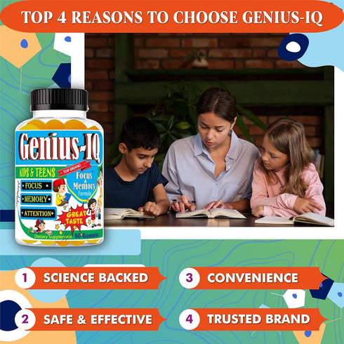Genius IQ Kids Brain Supplements for Memory and Focus Omega 3-6-9, EPA DHA Gummy Vitamins, Brain Booster Calm Gummies,Supports Concentration, Clar...