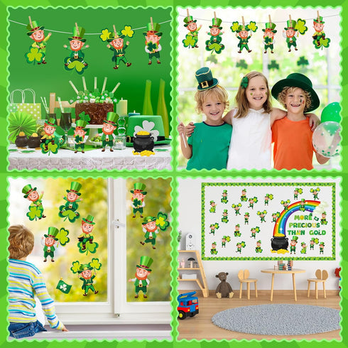 64 Pcs St. Patrick's Day Bulletin Board Decoration St. Patrick's Day Bulletin Board Cutout Lucky Shamrock Bulletin Board Border for Irish Clover C...