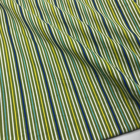 Printed Green-White-Navy-Yellow Striped Fabric Cotton Poplin 63inch 2 Yards Width for Sewing Apparels and DIY Home Craft Decors...