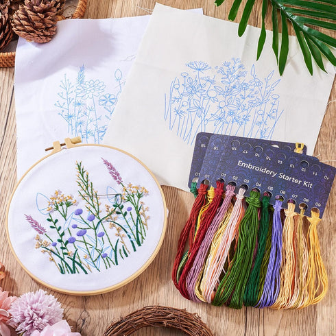 Magibeads 3 Sets Flower Leaf Water Soluble Embroidery Starter Kit Cross Stitch Patterns Crochet Kit with Embroidery Thread Fabric Instruction Knit...