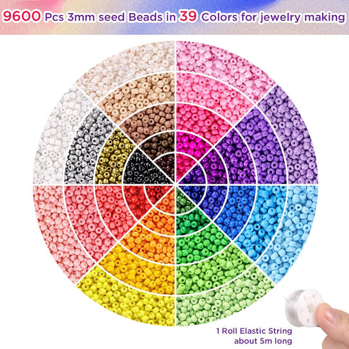 Funtopia 39 Colors 3mm Seed Beads, 9600pcs Small Beads for Jewelry Making, Tiny Craft Beads for Bracelet Making...