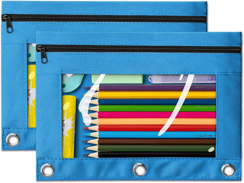 V-Opitos Pencil Pouch for 3 Ring Binder, 2 Pack Sky Blue 3-Holes Zipper Pencil Pouches, Sturdy and Durable Cloth Pencil Case with Clear Window for...