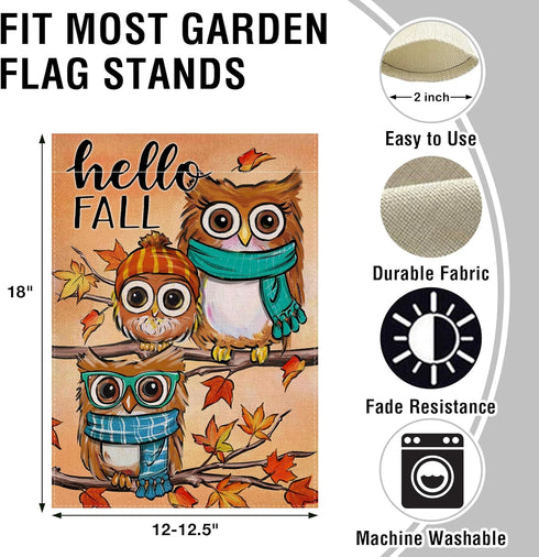 Hello Fall Owls Small Decorative Garden Flag, Autumn Maple Leaves Farmhouse Seasonal Yard Lawn Outside Decor, Thanksgiving Burlap Outdoor Home Dec...