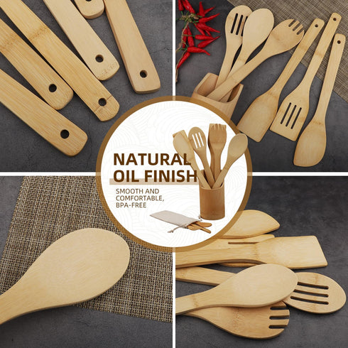 6-Piece Bamboo Wooden Spoons for Cooking Wood Spatula Spoon Nonstick Kitchen Utensil Set with 3-Piece Bamboo Take Along Reusable Utensil Set for H...