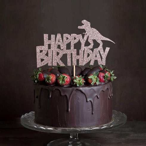happy birthday cake topper rose gold glitter dinosaur cake topper boy and girl dinosaur theme birthday party cake decoration...