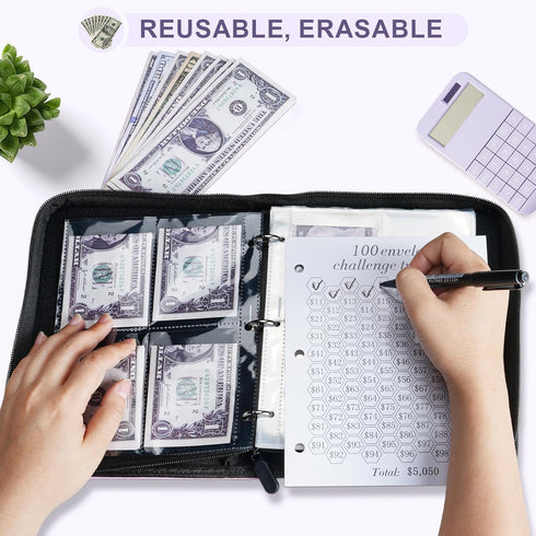 Winsing 100 Envelopes Money Saving Challenge Binder - A5 Budget Binder Savings Challenges Book With Cash Envelopes & Laminated Tracker To Save $5,...
