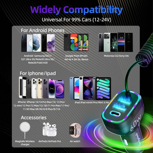 4-Port 30W USB-C & 18W USB-A QC3.0 Fast Charging Car Charger with Colorful Ring LED Light and Coiled Cable for iPhone 15, Samsung S24, Pixel, Tabl...