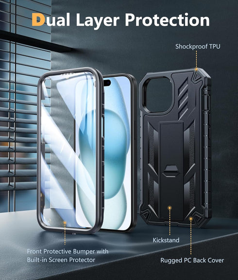 FNTCASE for iPhone 15 Phone Case: Military Grade Shockproof Full Protection Hard Phonecase with Kickstand - Dual Layer Matte Textured Drop Proof R...