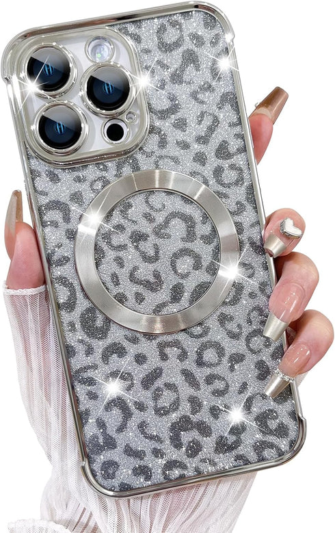 Fiyart Designed for iPhone 15 Pro Max Case,Compatible with MagSafe Cheetah Print Plating Camera Protection Clear Phone Case, Magnetic Glitter Leop...