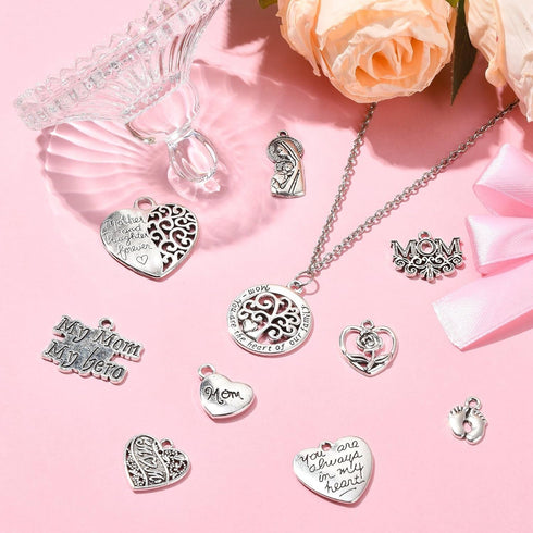 UR URLIFEHALL 100 Pcs Mother's Day Charms Heart Tibetan Charms Tibetan Antique Silver Charms Pendants for DIY Supplies Accessories...