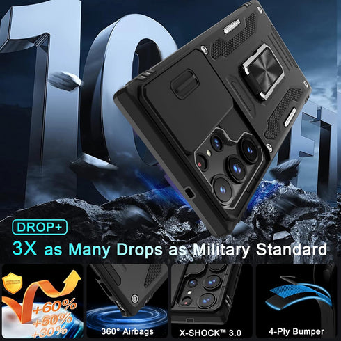 DEERLAMN for Samsung Galaxy S24 Ultra Case with Slide Camera Cover+Screen Protector (1 Pack), Rotated Ring Kickstand Military Grade Shockproof Pro...