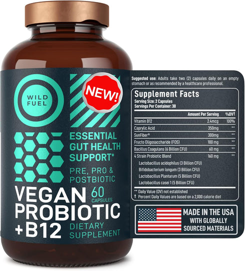 Vegan Probiotic Plus B12-22 Billion CFU Synbiotics Probiotics & Prebiotic for IBS, Digestive & Gut Health, Mood Support - B12 with FOS Pre Pro Pos...