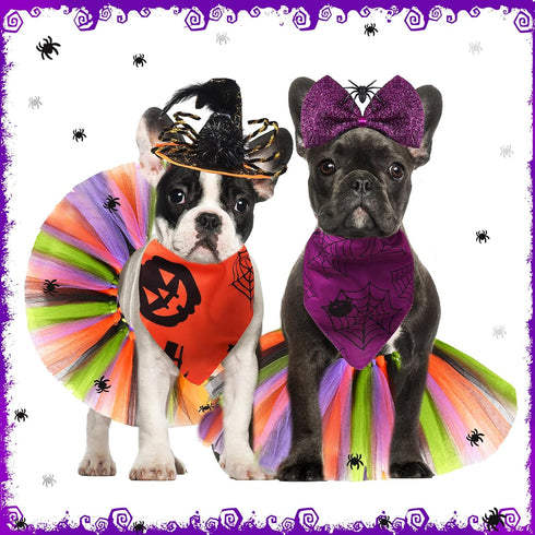 6 Pieces Pet Halloween Costume Dog Accessories includes Tulle Tutu Skirt Halloween Dog Bandana Cute Headband Wizard Hat with Spider Halloween Cost...