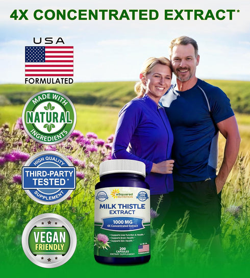 aSquared Nutrition Milk Thistle Supplement 1000mg-200 Capsules,Max Strength 4X Concentrated Extract 4:1 Milk Thistle Seed Powder Herb Pills, 1000 ...