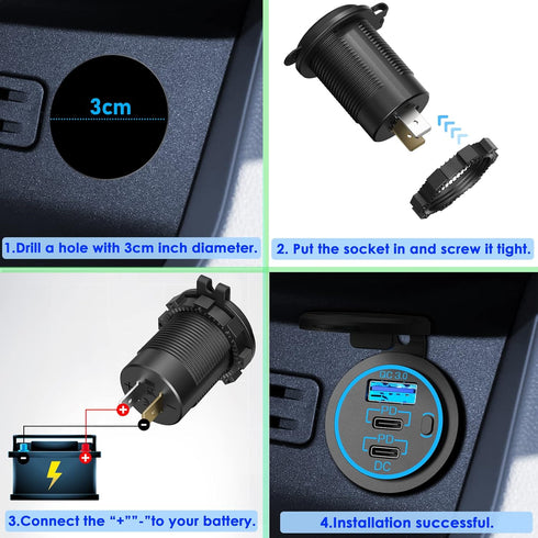 USB C Car Charger Socket – Newest 58W Lengthened RV USB Outlet 12V Socket Dual 20W PD3.0 USB-C and 18W QC3.0 Car USB Port with Button Power Switch...