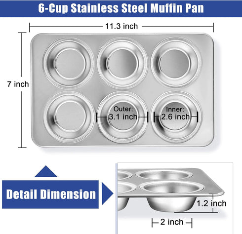 TeamFar Muffin Pan, 6 Cup Muffin Pan for Baking, Cupcake Pan Muffin Tin Tray Set Stainless Steel for Making Cakes Cornbread Quiche and More, Healt...