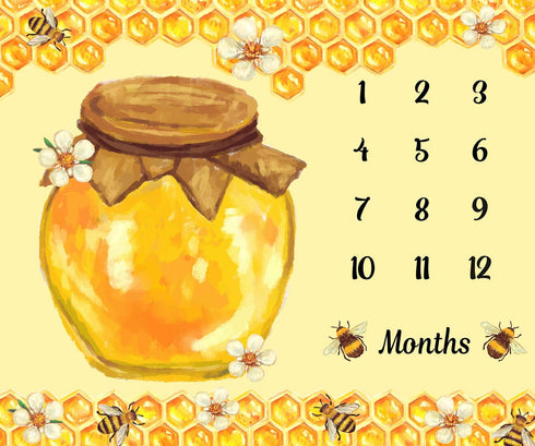 Bees Theme Baby Monthly Milestone Blanket, 48x40in Soft Flannel, Honey Jar Backgrounds, Newborn Mom Gifts, Baby Shower Age Growth Tracker with Bon...