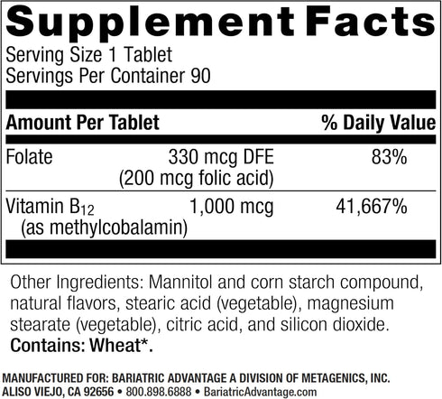 Bariatric Advantage B-12 Speedy Melts, Vitamin B12 1000 mcg Supplement, Fast Melting with 200 mcg of Folic Acid for Nutritional Support - Black Ch...