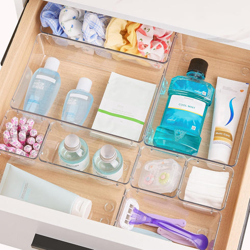 Vtopmart 25 PCS Clear Plastic Drawer Organizers Set, 4-Size Versatile Bathroom and Vanity Drawer Organizer Trays, Storage Bins for Makeup, Bedroom...