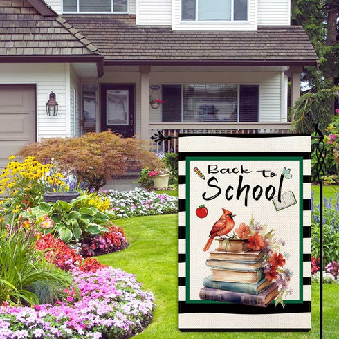 Back to School Garden Flag Cardinal Books Garden Flag First Day of School Vertical Double Sided Rustic Farmland Burlap Yard Lawn Outdoor Decor 12....