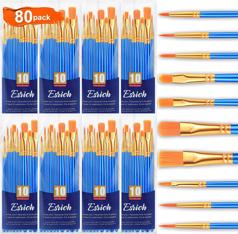 ESRICH Acrylic Paint Brushes Set,8Packs /80 Pcs, Nylon Brush Head, Suitable for Acrylic, Oil, Watercolor,Rock Body Face Nail Art,Perfect Suit of A...