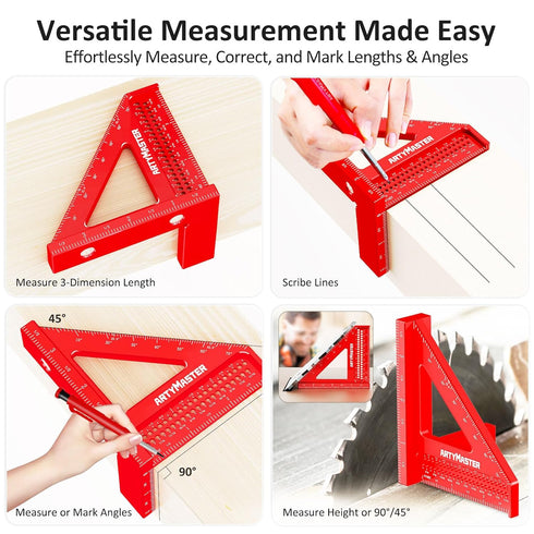 3.8?Mini 3D Multi-Angle Measuring Square Ruler, WT102A High Precision Hole Scribing Woodworking Tools, 0-90° Aluminum Alloy Carpenter Square Wood ...