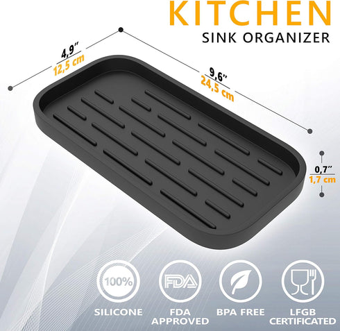 ZAPPOWARE Kitchen Sink Organizer | Silicone Sponge Holder - Storage Tray for Dish Sponge, Soap Dispenser, Scrubber 9.6"x 4.9" (Black)...