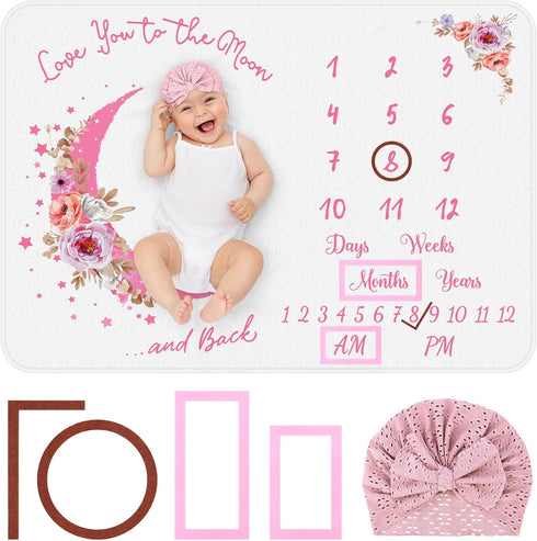 Baby Monthly Milestone Blanket, Precise Hour Moments with Knitted Hat,51”L x40”W,Recording 1 to 12 Months Moments,Thicker Extra Soft Flannel,Best ...