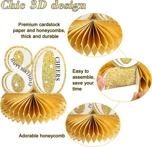 Outus 8 Pcs 80th Birthday Table Decorations for Men and Women Happy 80th Honeycomb Centerpieces Black Gold Cheers to 80 Years Decor 1945 Tables To...